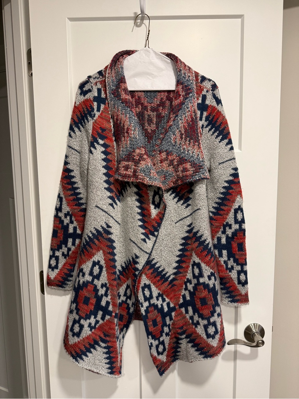 Southwestern Aztec Knit Cardigan Duster Red Navy Gray Open Front Boho